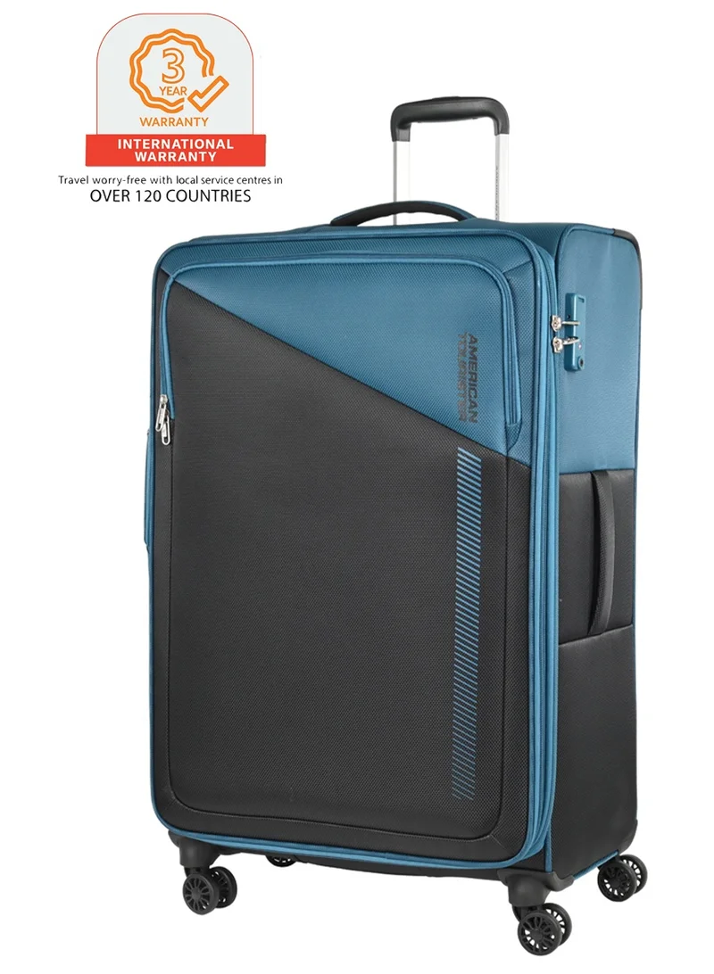 AMERICAN TOURISTER Dashway Suitcase, Check-In Size 82 cm / 31 inch, 4 Wheels, Soft Top, Polyester, Corsair Blue / Black|TSA Lock|Expandable|Inner Mesh Zippered Pocket|DuoSaf™ Security Zipper|Front Storage - 3 Years International Warranty